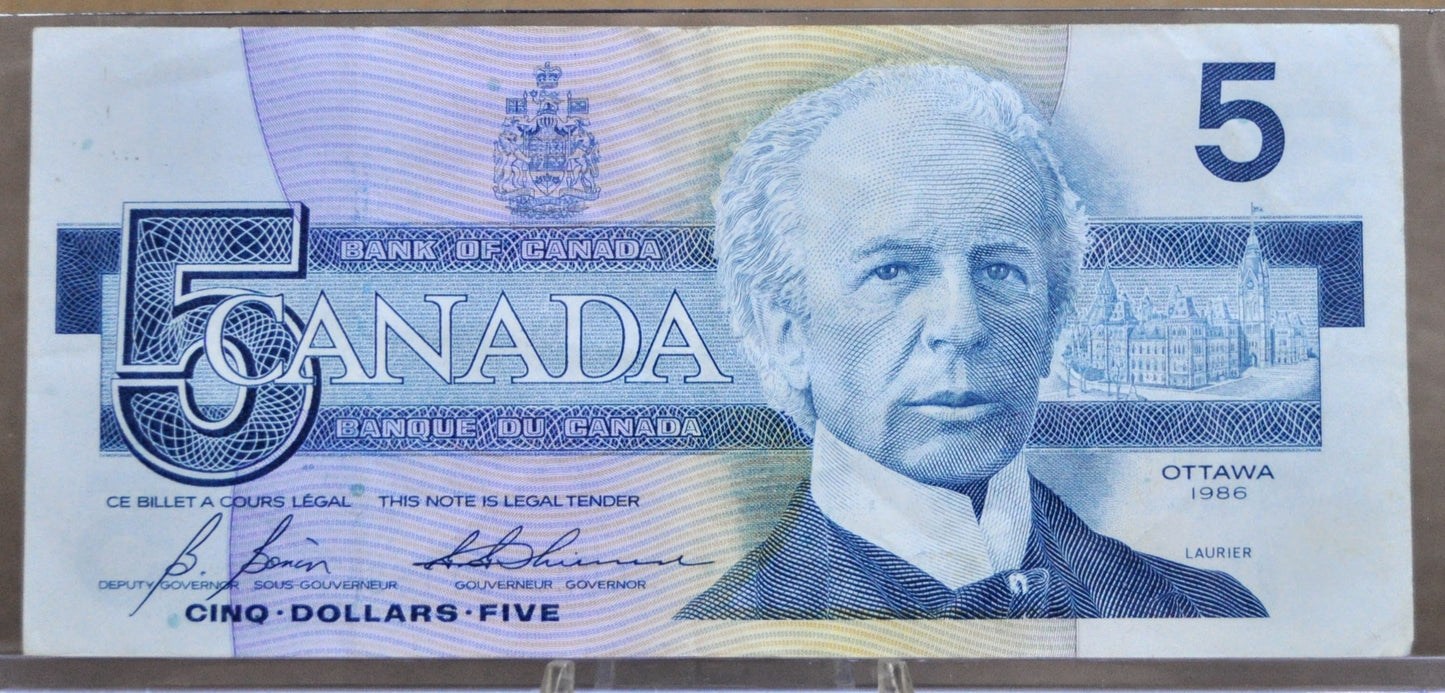 1986 Bank of Canada 5 Dollar Banknote - Choice of Thiessen/Crow or Bonin/Thiessen Signatures - 1986 Canadian Five Dollar Note - P#95b/P#95c