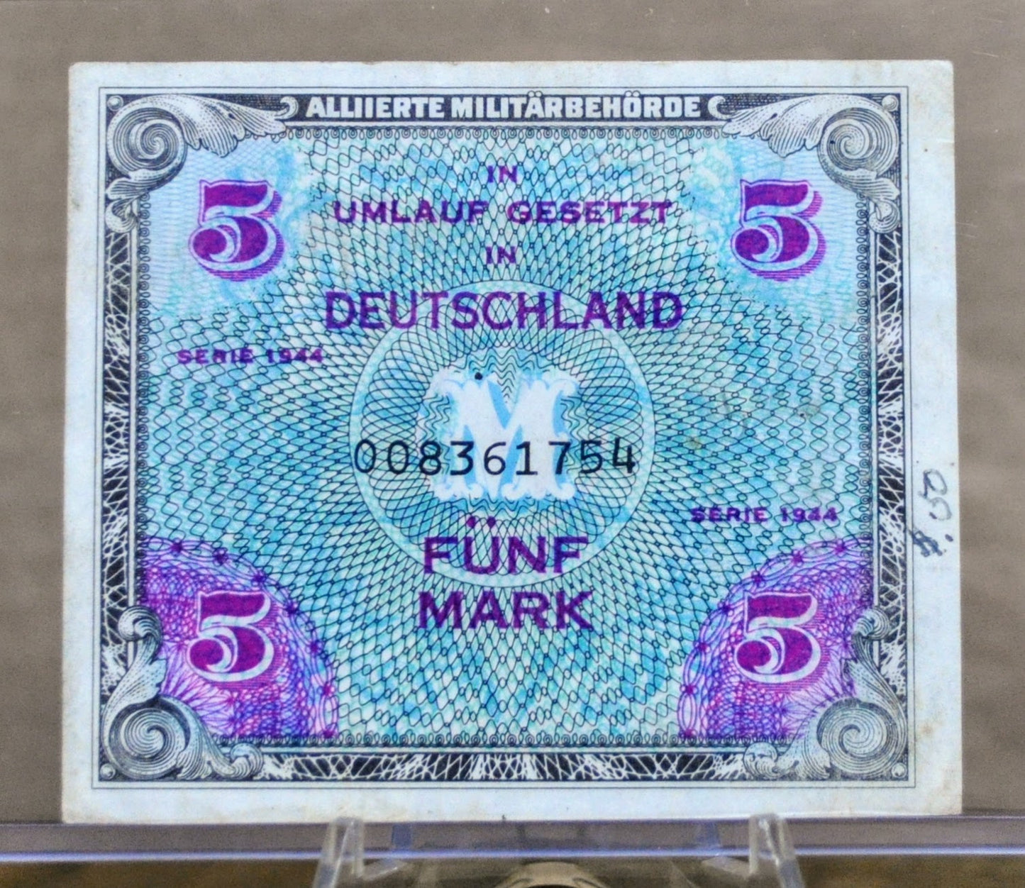 1944 Germany 5 Mark Paper Note - Printer Code F, 9 Digit Serial - WWII Military Note - 1944 German Five Mark Allied Military Note - P#193a