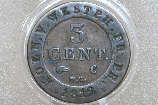 Rarer 1812 Napoleonic Kingdom of Westphalia 3 Cent - Jerome Bonaparte - Great Condition - Napoleon Coin