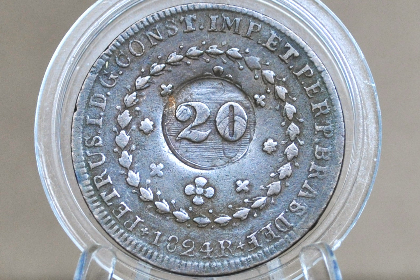 1824 Brazil 20 Reis - AU - Counterstamped 20 Reis - Old Portuguese Counterstamped Coin, Pirate Coins