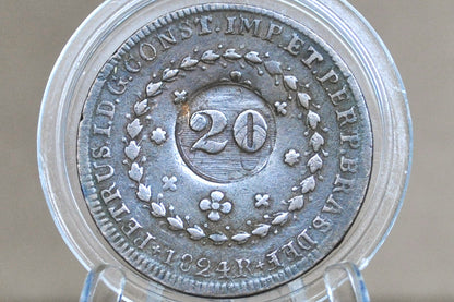 1824 Brazil 20 Reis - AU - Counterstamped 20 Reis - Old Portuguese Counterstamped Coin, Pirate Coins