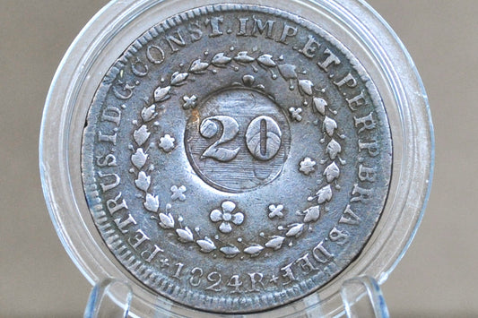 1824 Brazil 20 Reis - AU - Counterstamped 20 Reis - Old Portuguese Counterstamped Coin, Pirate Coins