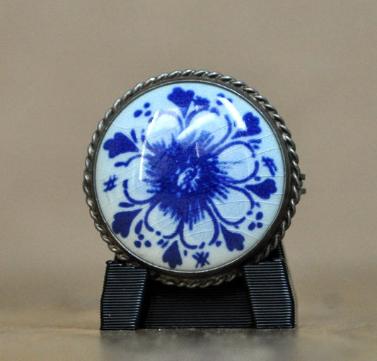 Authentic Sterling Silver Delft Porcelain Flower Design Brooch - Signed Delft Porcelain - Vintage Delft Holland Floral Porcelain Pin 925