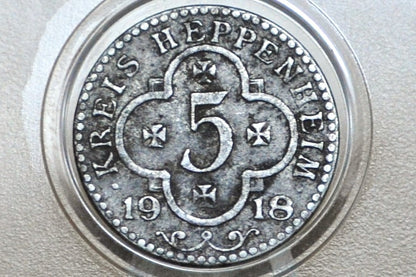 1918 Hesse District of Heppenheim 1 Pfennig - Great Condition - German City Coinage - WWI Emergency Coinage -