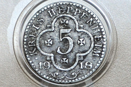 1918 Hesse District of Heppenheim 1 Pfennig - Great Condition - German City Coinage - WWI Emergency Coinage -