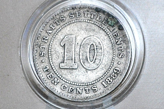 Rarer 1889 Silver British Straits Settlements 10 Cents - Great Condition - Queen Victoria - Old Silver British Coins - 1,500,000 Minted! -