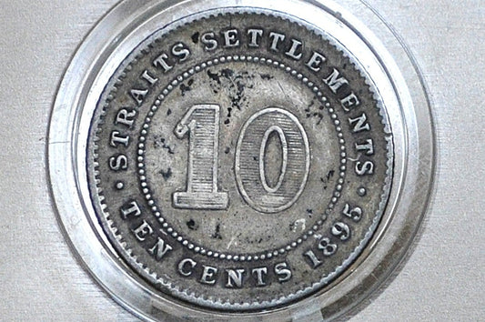 Rarer 1895 Silver British Straits Settlements 10 Cents - Very Fine Condition - Queen Victoria - Old Silver British Coins -