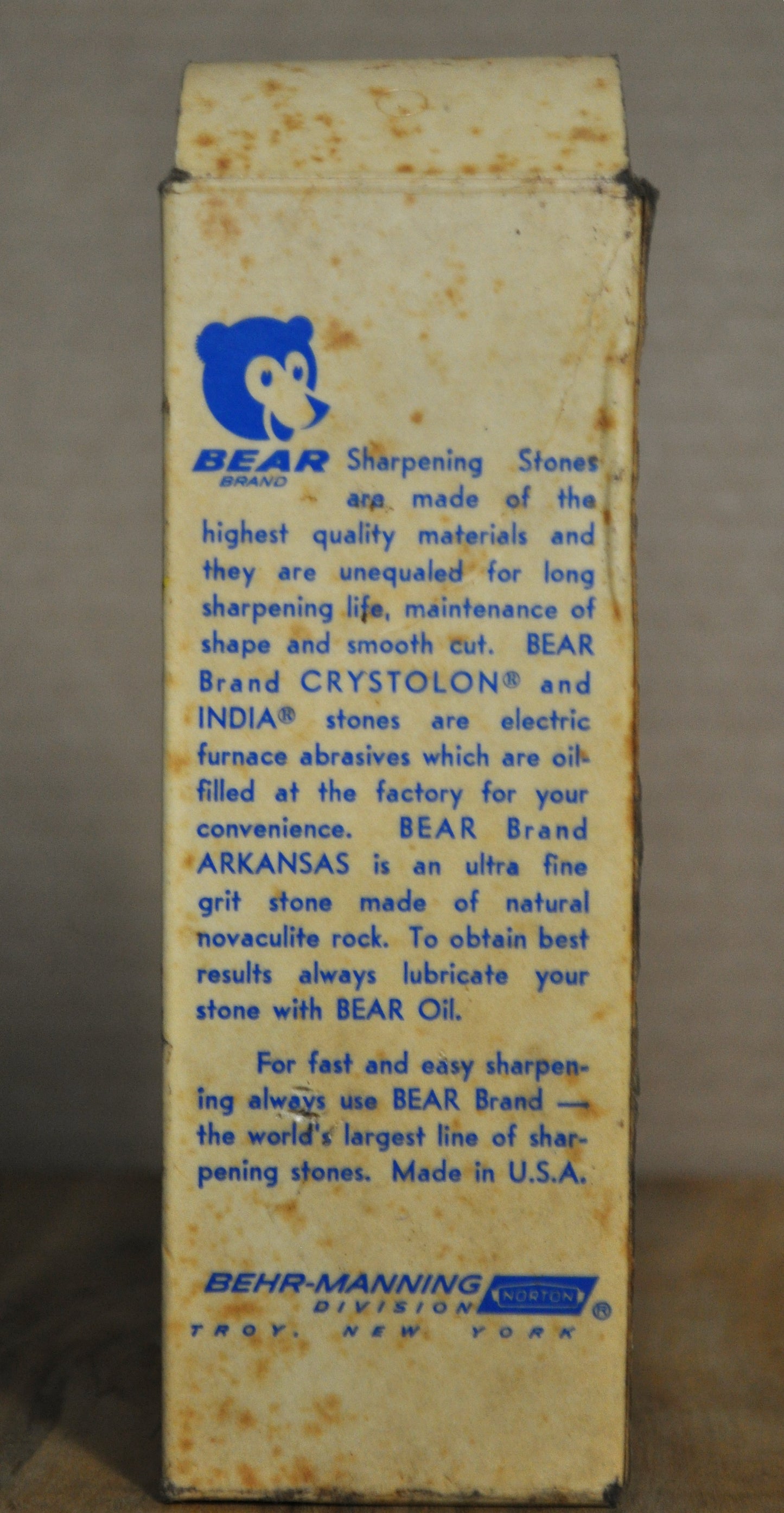 Norton Bear Brand India Oil-Filled Sharpening Stone JB6 - Antique In Box Sharpening Stone Norton Bear Brand