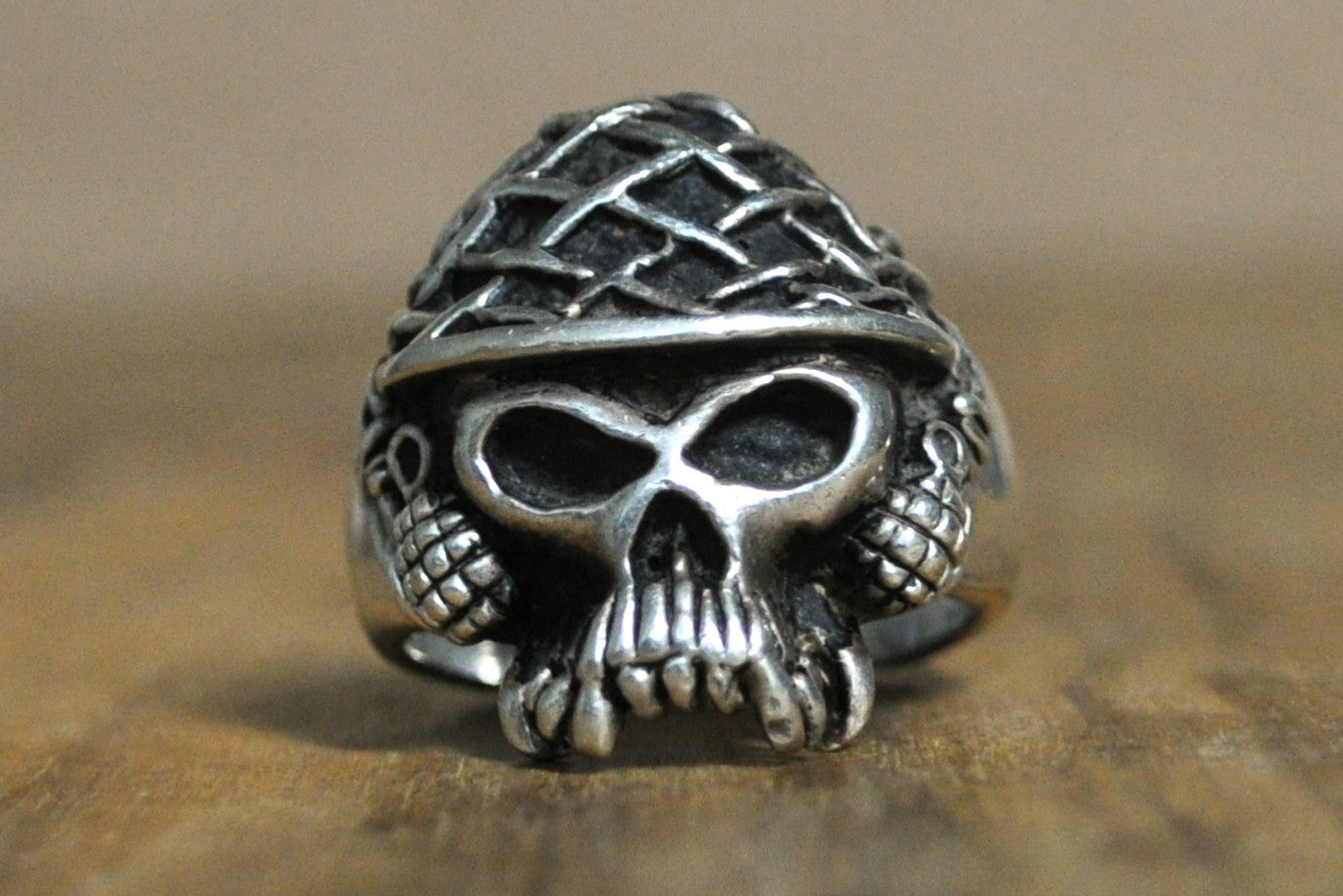 Vintage Biker Gothic Skull Ring - Size 9 - Stamped and Tested Sterling Silver - Military Ring - Skull with Grenades and Helmet - Heavier Ring