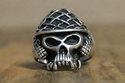 Vintage Biker Gothic Skull Ring - Size 9 - Stamped and Tested Sterling Silver - Military Ring - Skull with Grenades and Helmet - Heavier Ring