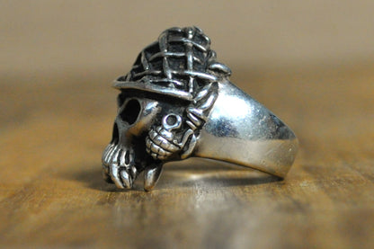 Vintage Biker Gothic Skull Ring - Size 9 - Stamped and Tested Sterling Silver - Military Ring - Skull with Grenades and Helmet - Heavier Ring