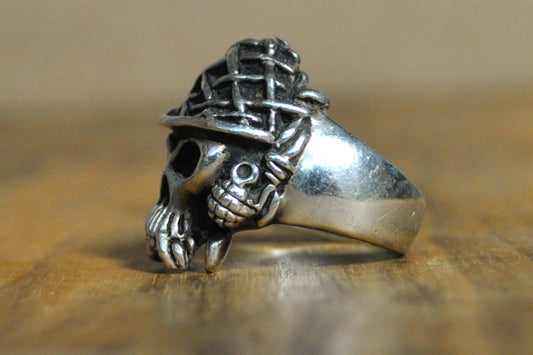 Vintage Biker Gothic Skull Ring - Size 9 - Stamped and Tested Sterling Silver - Military Ring - Skull with Grenades and Helmet - Heavier Ring