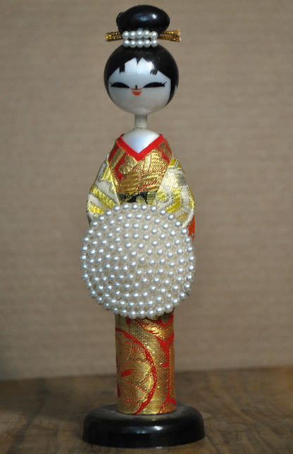 Antique Japanese Kokeshi Doll Hand Painted Faux Pearls - Japanese Kokeshi Vintage Handmade Doll