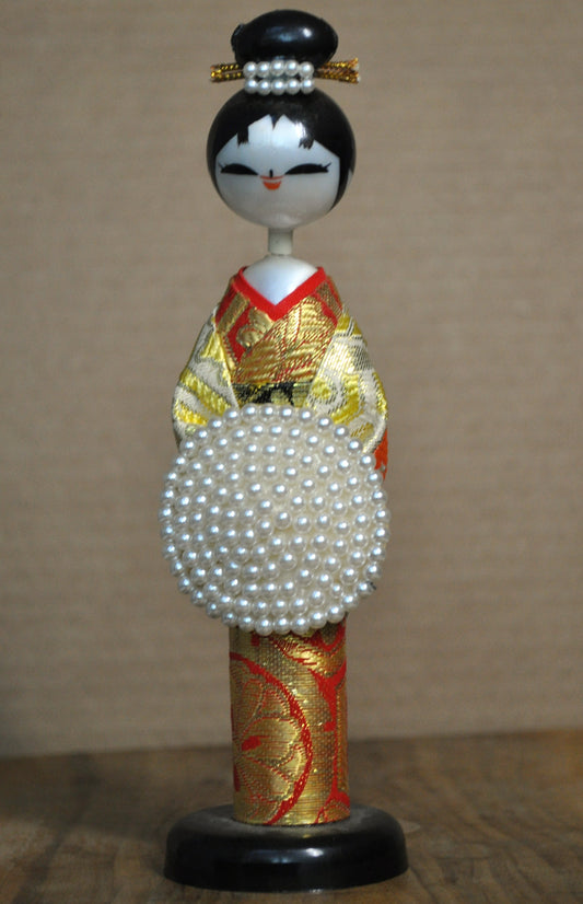 Antique Japanese Kokeshi Doll Hand Painted Faux Pearls - Japanese Kokeshi Vintage Handmade Doll