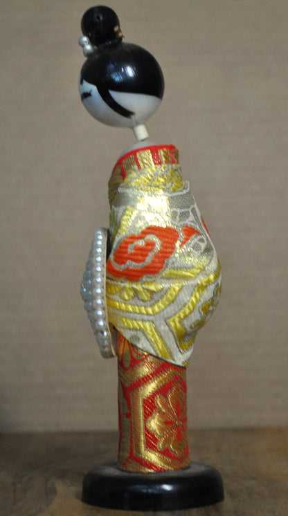 Antique Japanese Kokeshi Doll Hand Painted Faux Pearls - Japanese Kokeshi Vintage Handmade Doll