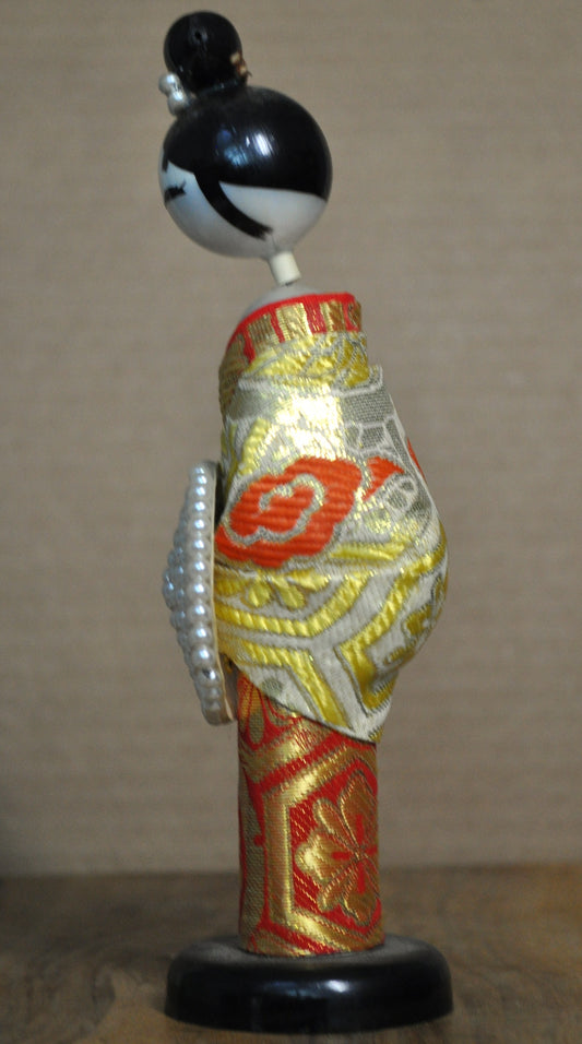 Antique Japanese Kokeshi Doll Hand Painted Faux Pearls - Japanese Kokeshi Vintage Handmade Doll