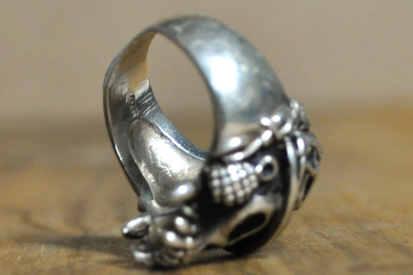 Vintage Biker Gothic Skull Ring - Size 9 - Stamped and Tested Sterling Silver - Military Ring - Skull with Grenades and Helmet - Heavier Ring