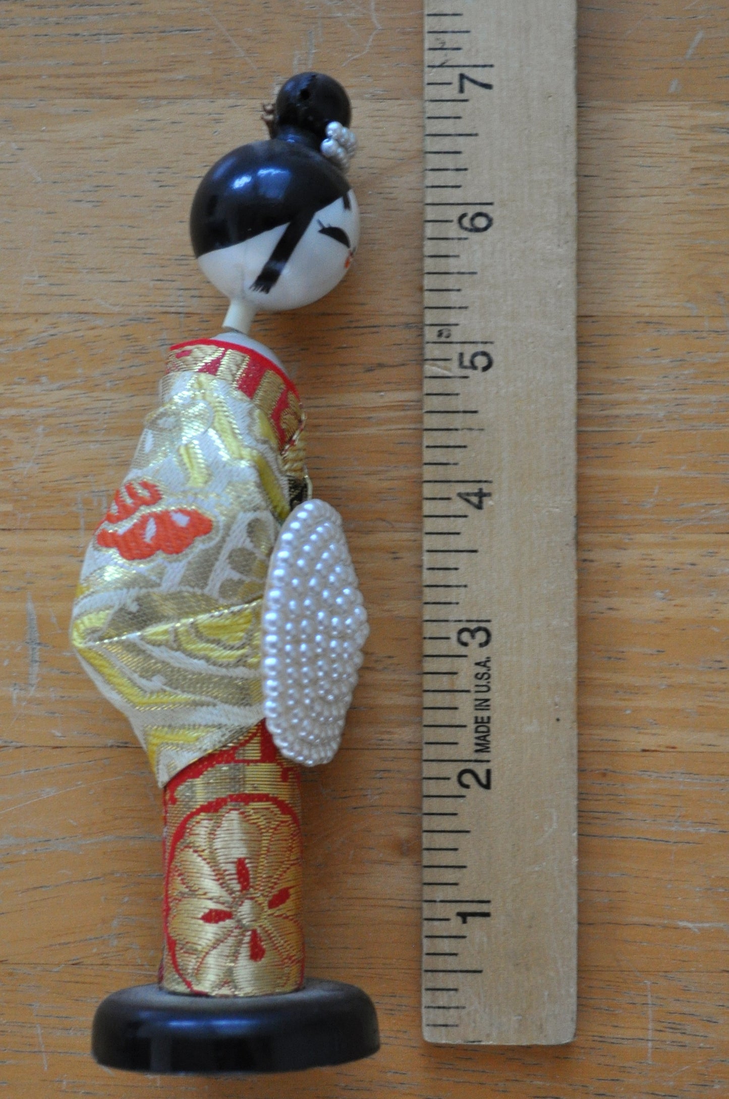 Antique Japanese Kokeshi Doll Hand Painted Faux Pearls - Japanese Kokeshi Vintage Handmade Doll