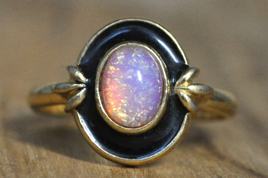 Avon Gold-Tone Ring with Black Enamel and Faux Fire Opal - Antique Faux Fire Opal Gold Toned Ring