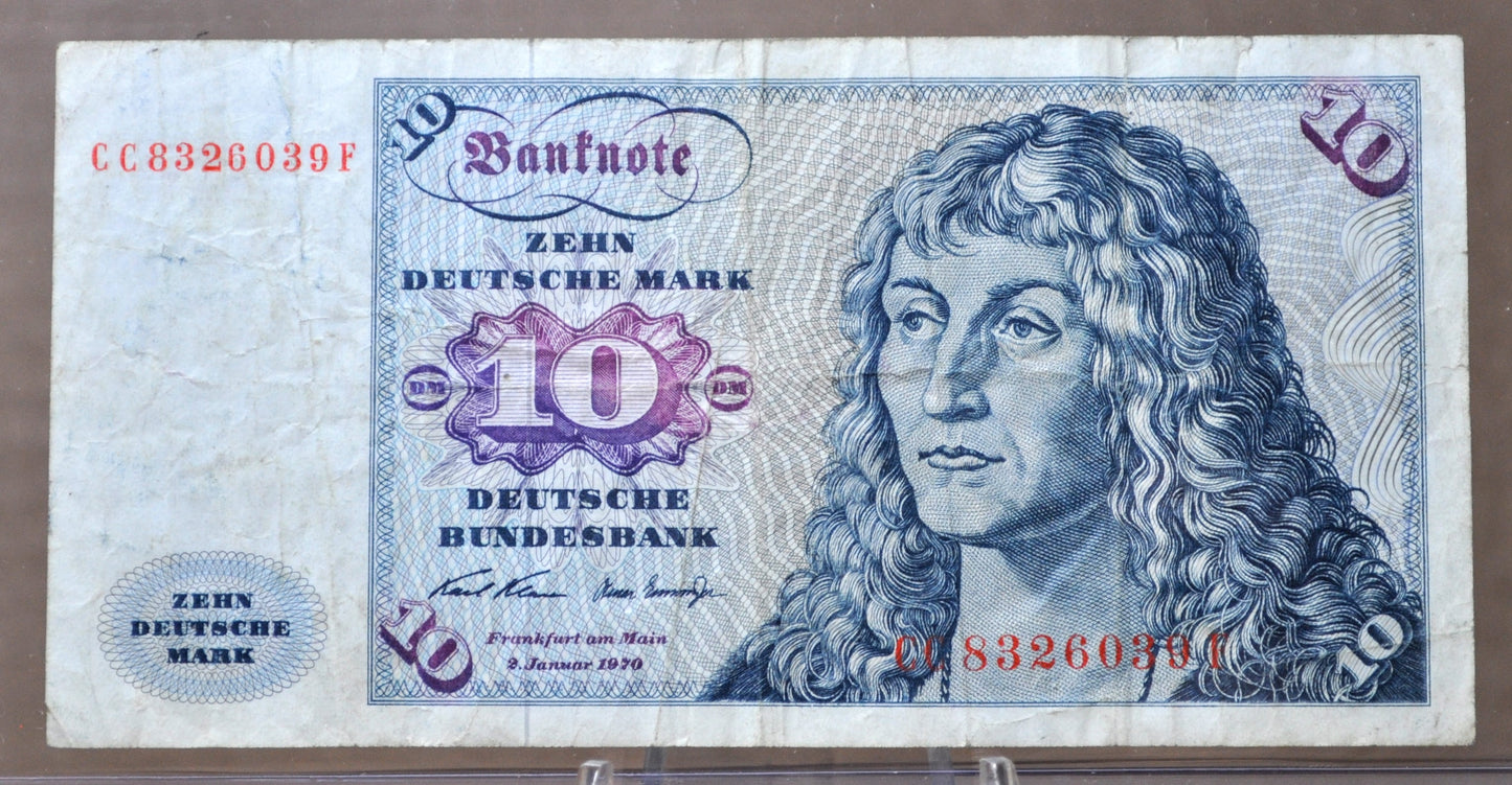 1970 Germany 10 Deutsche Mark Banknote - Deutsche Bundesbank - Very Fine (VF) - 1970 German Ten Deutsche Mark Note - P#31a