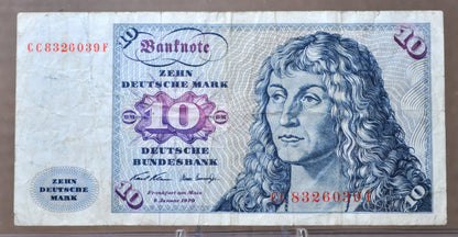 1970 Germany 10 Deutsche Mark Banknote - Deutsche Bundesbank - Very Fine (VF) - 1970 German Ten Deutsche Mark Note - P#31a