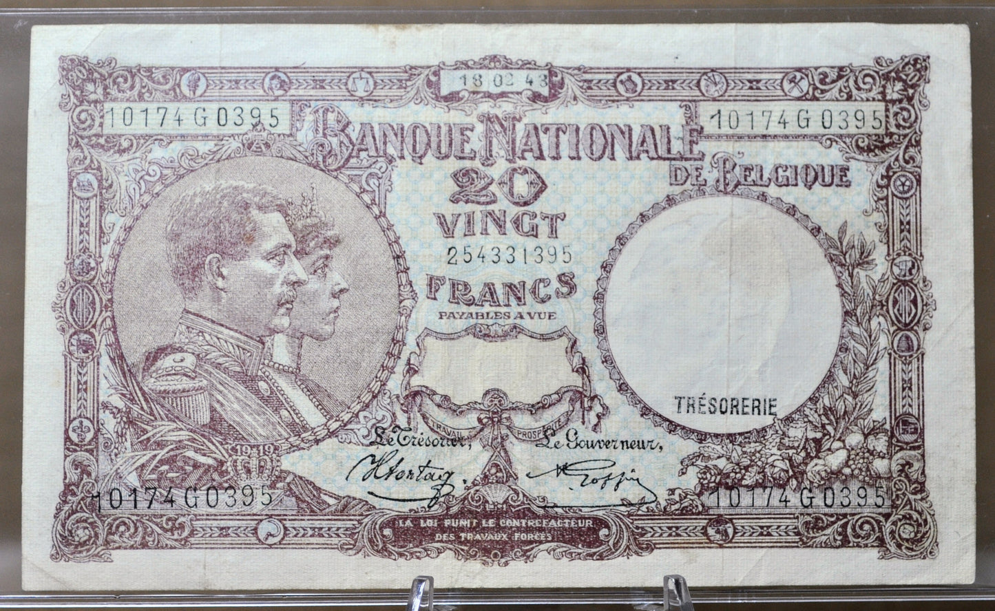 1940-1944 National Bank of Belgium 20 Francs Note - Choose by Date - 1943 Banque Nationale de Belgique Twenty Francs Note - P#111