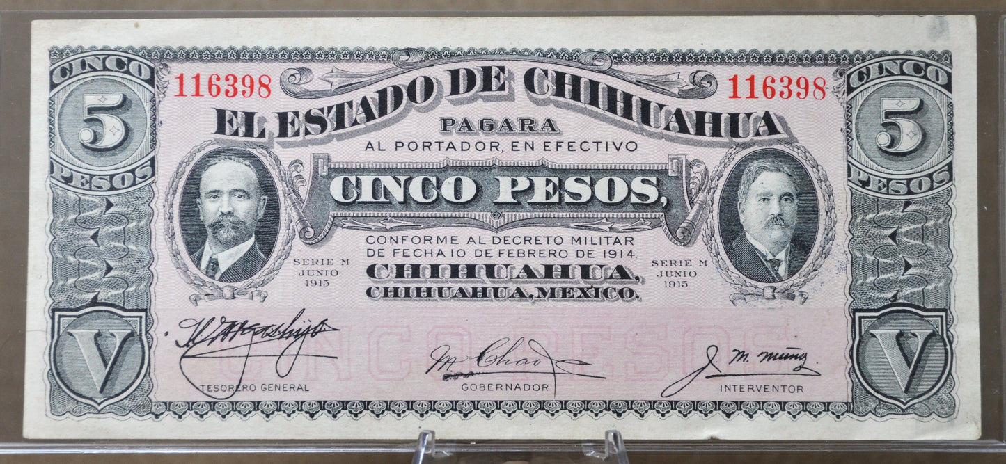 1915 Chihuahua Revolutionary 5 Pesos Note - Series M - Blue Scalloped Seal - 1915 Mexico Revolution Five Pesos Note - P#S532a