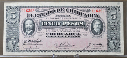 1915 Chihuahua Revolutionary 5 Pesos Note - Series M - Blue Scalloped Seal - 1915 Mexico Revolution Five Pesos Note - P#S532a