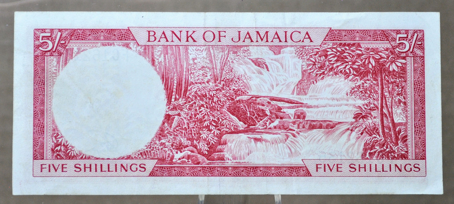 1964 Bank of Jamaica 5 Shillings Note - Signature 1, Gothic Font - Queen Elizabeth II - 1964 British Jamaica Five Shillings Note - P#51Aa