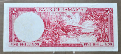 1964 Bank of Jamaica 5 Shillings Note - Signature 1, Gothic Font - Queen Elizabeth II - 1964 British Jamaica Five Shillings Note - P#51Aa