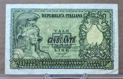1951 Italy 50 Lire Banknote - First Issue - Bolaffi, Cavallaro, Giovinco Signed - Choose by Grade - 1951 Italian Fifty Lire Note - P#91a