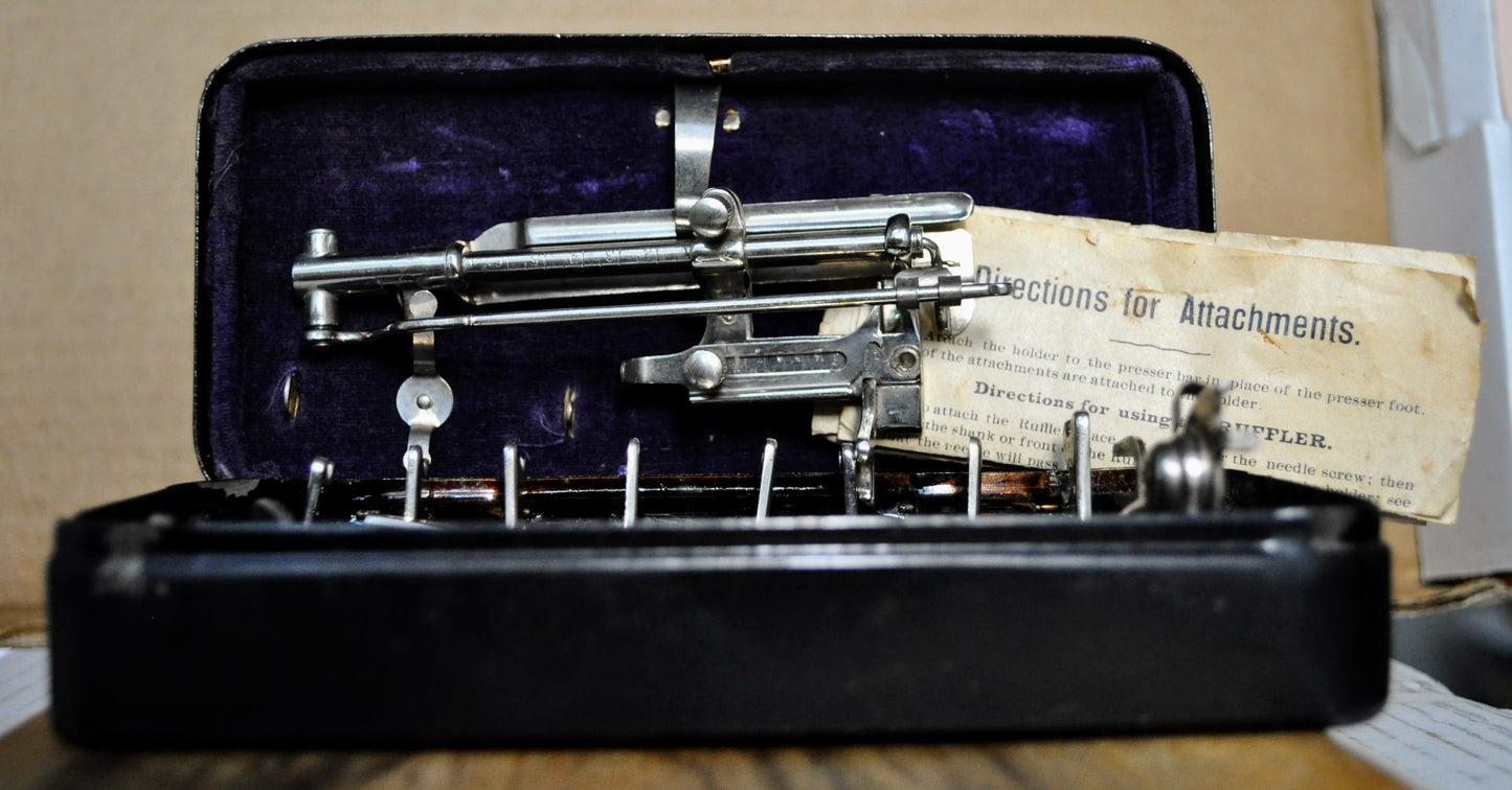Antique 1890s Johnston's Sewing Machine Accessories in Box - With Instructions - Victorian Sewing Machine Hemmer, Tuck Marker, Ruffler Parts