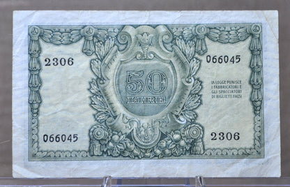1951 Italy 50 Lire Banknote - First Issue - Bolaffi, Cavallaro, Giovinco Signed - Choose by Grade - 1951 Italian Fifty Lire Note - P#91a
