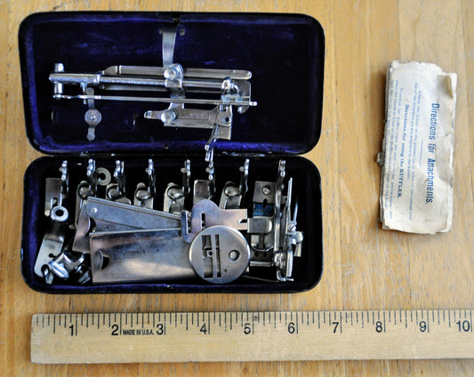 Antique 1890s Johnston's Sewing Machine Accessories in Box - With Instructions - Victorian Sewing Machine Hemmer, Tuck Marker, Ruffler Parts