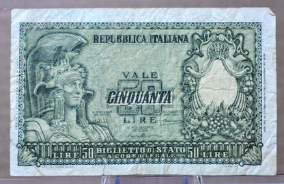 1951 Italy 50 Lire Banknote - First Issue - Bolaffi, Cavallaro, Giovinco Signed - Choose by Grade - 1951 Italian Fifty Lire Note - P#91a