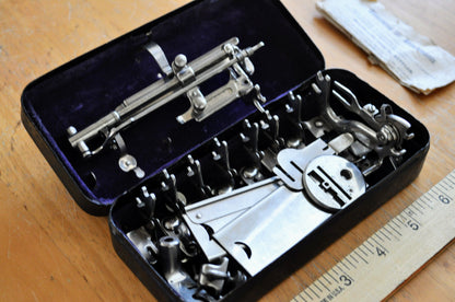 Antique 1890s Johnston's Sewing Machine Accessories in Box - With Instructions - Victorian Sewing Machine Hemmer, Tuck Marker, Ruffler Parts