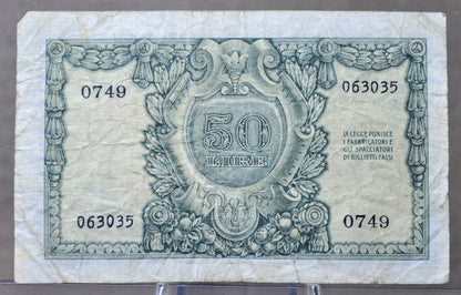 1951 Italy 50 Lire Banknote - First Issue - Bolaffi, Cavallaro, Giovinco Signed - Choose by Grade - 1951 Italian Fifty Lire Note - P#91a