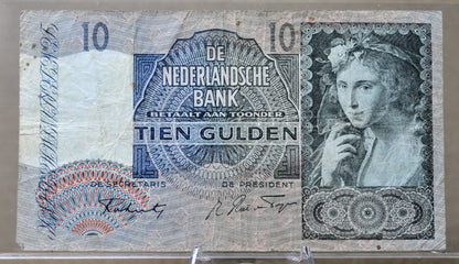 1942 Netherlands 10 Gulden Banknote - WW2 Era Dutch Note - Moreelse Painting Note - 1942 Netherlands Tien Ten Gulden Note - P#56b