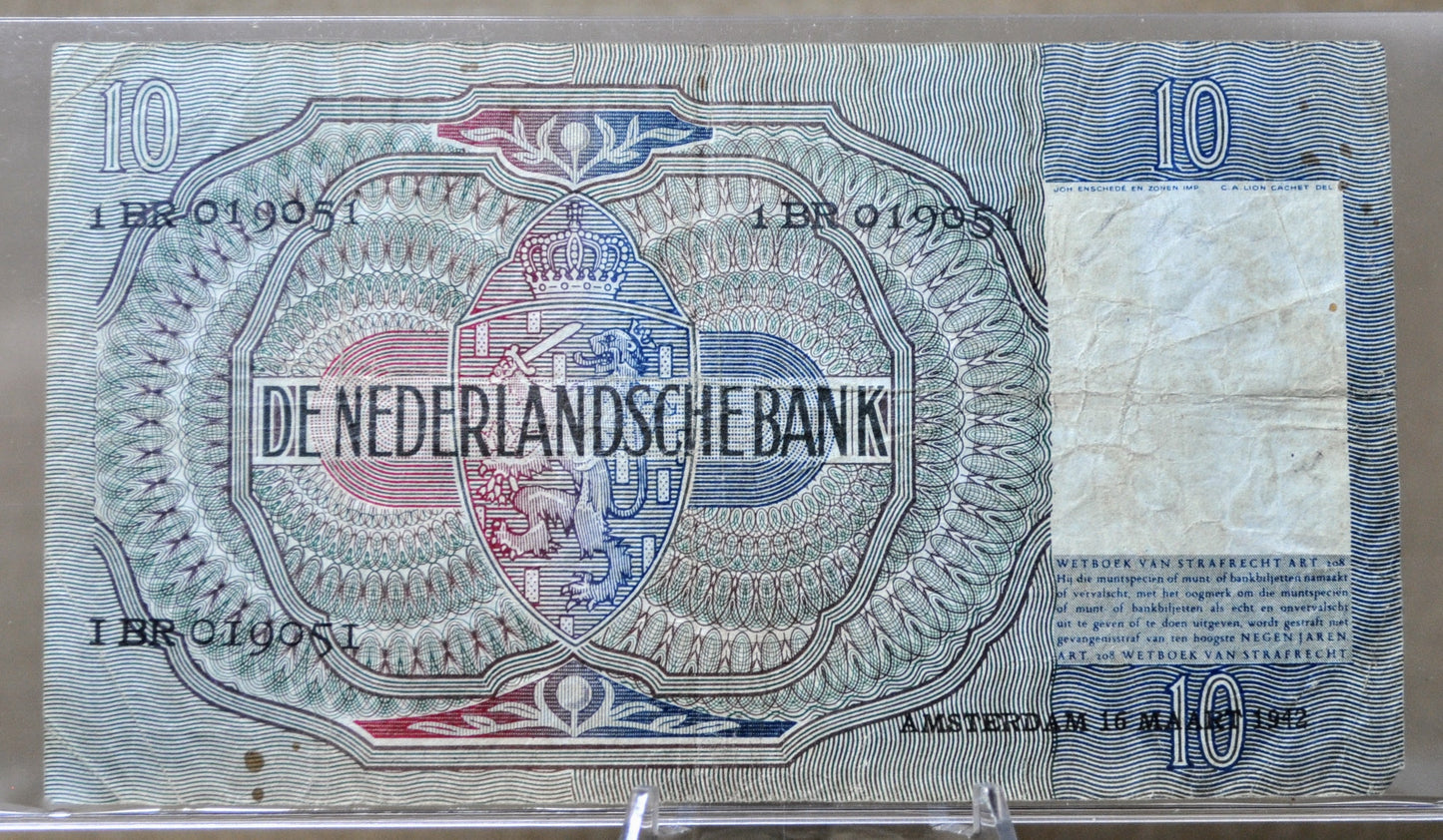 1942 Netherlands 10 Gulden Banknote - WW2 Era Dutch Note - Moreelse Painting Note - 1942 Netherlands Tien Ten Gulden Note - P#56b