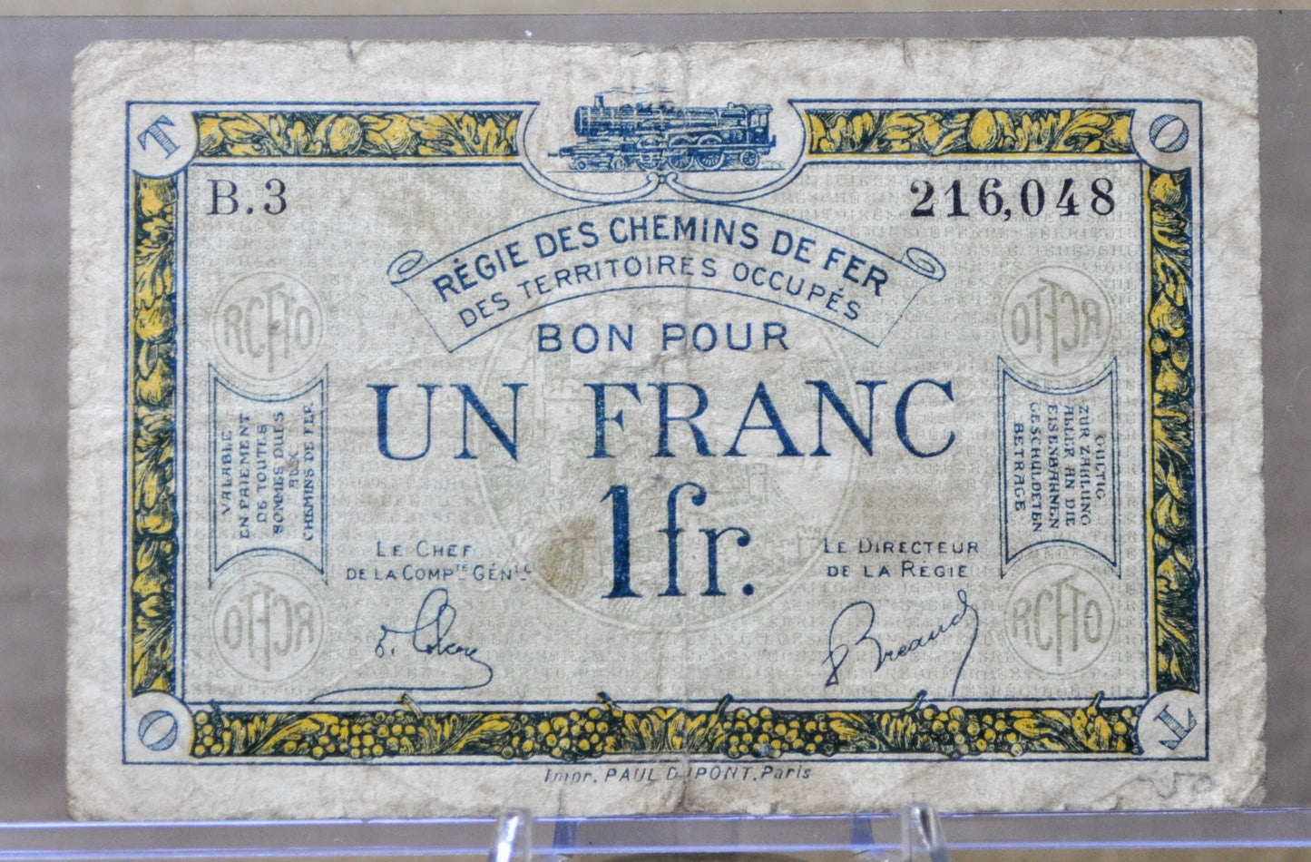 1923 French German Territories Railway Authority 1 Franc Note - Rare Occupied Germany Note - 1923 France RCFTO One Franc Note - P#R5