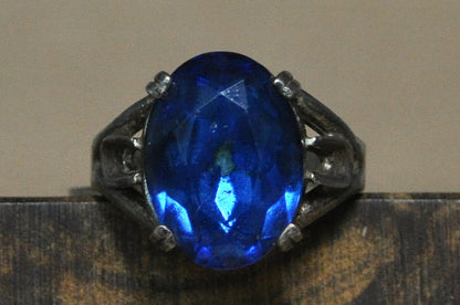 Vintage Cobalt Blue Glass Sterling Ring - Antique Style Silver Blue Glass Statement Ring Sz 12