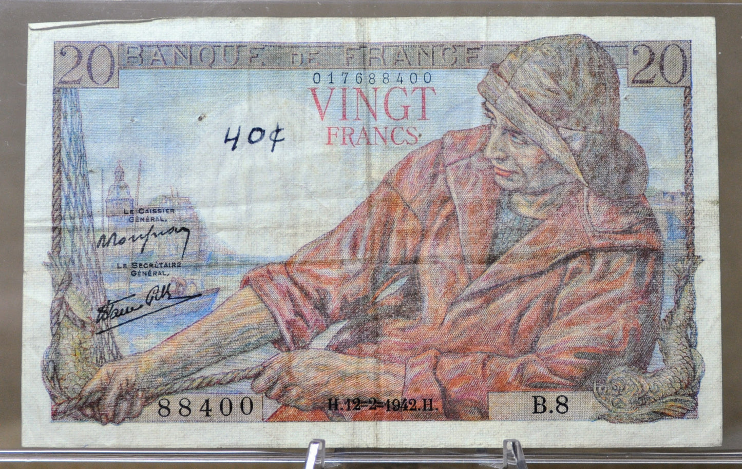 1942 Bank of France 20 Franc Banknote - Fisherman Type, 12-2-1942- WW2 Era French Note - 1942 French Twenty Francs Bank Note - P#100a
