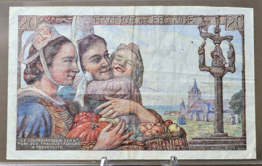 1942 Bank of France 20 Franc Banknote - Fisherman Type, 12-2-1942- WW2 Era French Note - 1942 French Twenty Francs Bank Note - P#100a