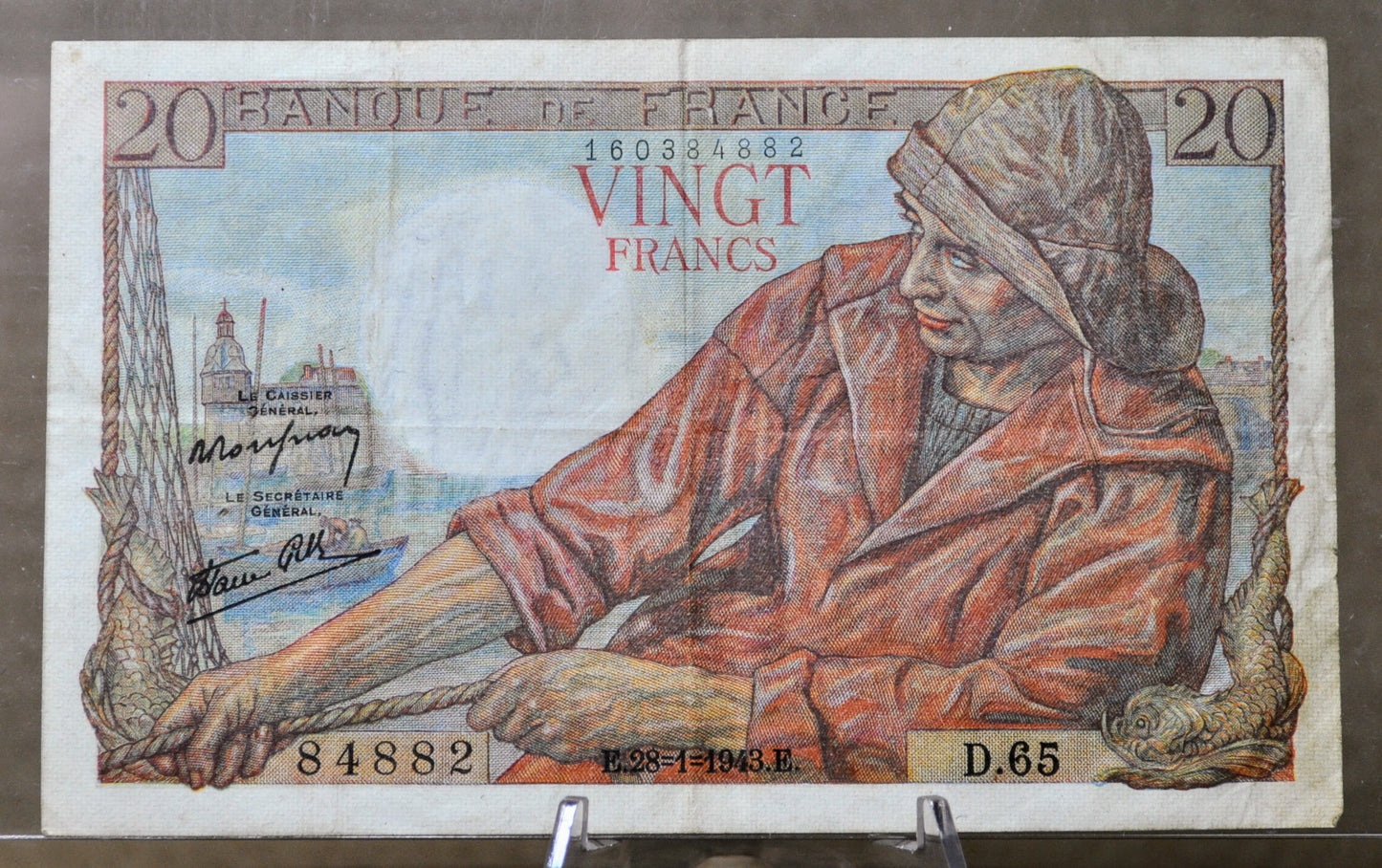 1943 Bank of France 20 Franc Banknote - Fisherman Type, 28-1-1943 - WW2 Era French Note - 1943 French Twenty Francs Bank Note - P#100a