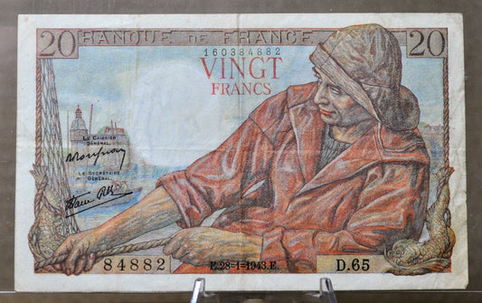 1943 Bank of France 20 Franc Banknote - Fisherman Type, 28-1-1943 - WW2 Era French Note - 1943 French Twenty Francs Bank Note - P#100a