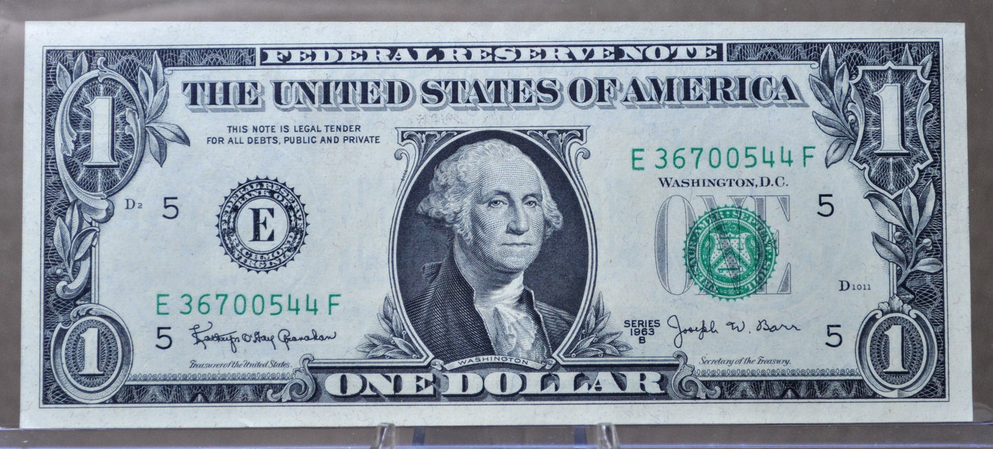 1963-B Federal Reserve 1 Dollar Fancy Serial Note - 36700544 - Rarer Barr Signature - 1963B One Dollar Green Seal Note - Fr#1902-E