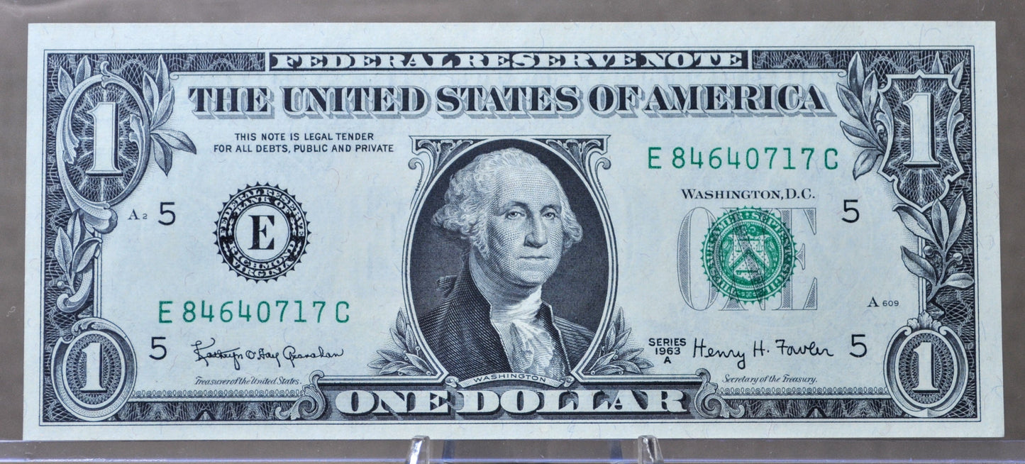 1963-B Federal Reserve 1 Dollar Fancy Serial Note - Richmond (E) Issue - Rarer Barr Signature - 1963B One Dollar Green Seal Note - Fr#1902-E