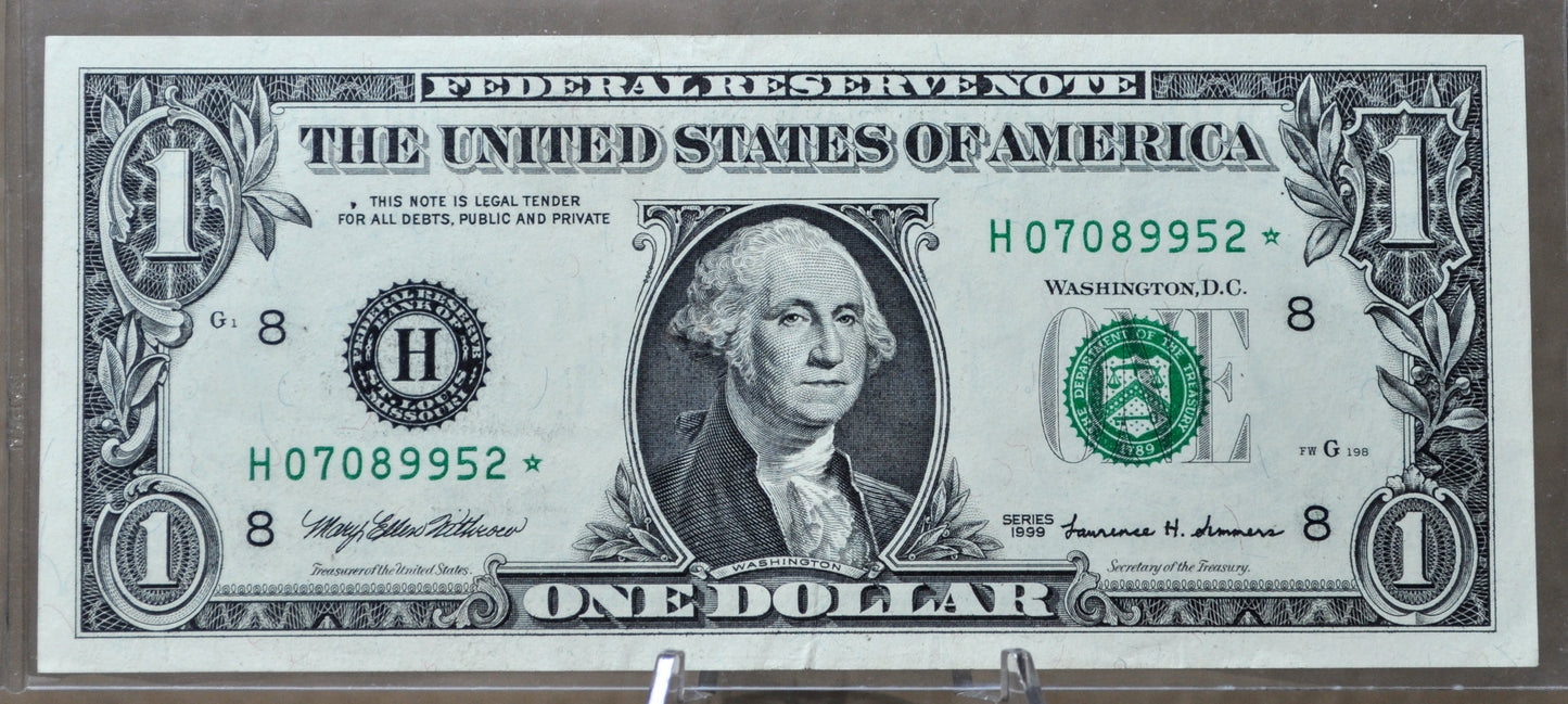 1999 Federal Reserve 1 Dollar Fancy Serial STAR Note - (H) St. Louis - 07089952 - 1999 One Dollar Green Seal Star Note - Fr#1925-H*