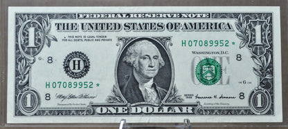 1999 Federal Reserve 1 Dollar Fancy Serial STAR Note - (H) St. Louis - 07089952 - 1999 One Dollar Green Seal Star Note - Fr#1925-H*