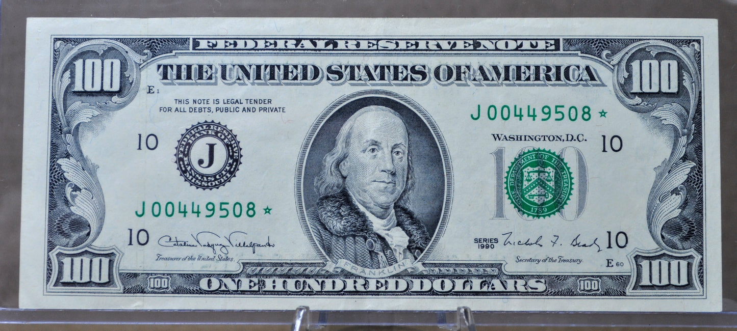 1990 US 100 Dollar Low Serial Number Star Note - 00449508 - Kansas City (J) Issue - 1990 One Hundred Dollar Star Note - Fr#2173-J*